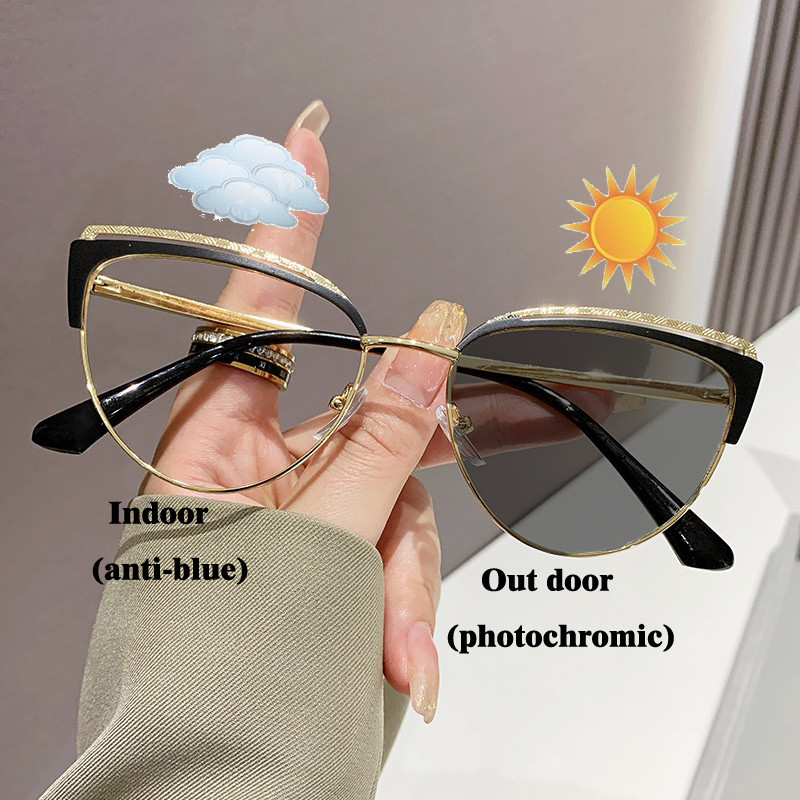 โลหะ Cat Eye Photochromic ป้องกันรังสีแว่นตาสําหรับผู้หญิงผู้ชายแว่นตากันแดดกรอบแว่นตา Transition Shade เปลี่ยนเลนส์แว่นตาคอมพิวเตอร์ Anti Blue Light Transitional