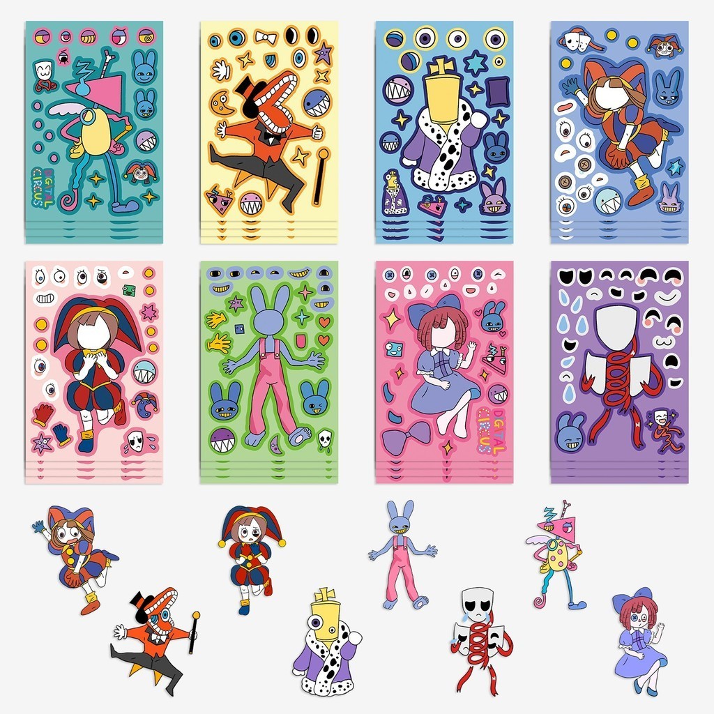 16sheepts/pack The Amazing Digital Circus DIY Make Your Own Face สติกเกอร์ปริศนา Party Favors ของเล่นเด็กวันเกิด