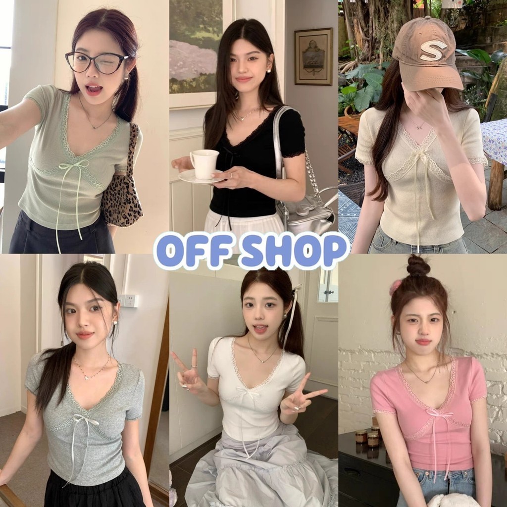 OFF SHOP พร้อมส่ง (OFF-ZL03) เสื้อไหมพรมแขนสั้น คอวี ผ้านิ่มสีพาสเทล น่ารัก