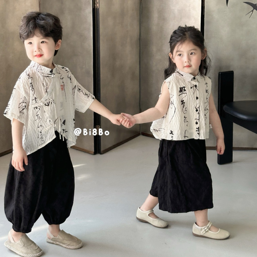 ชายหญิงสไตล์จีนชุดสไตล์ใหม่เสื้อเด็กฤดูร้อนจีนแขนสั้น ฮันฟู เสื้อกางเกงขาสั้นชุด