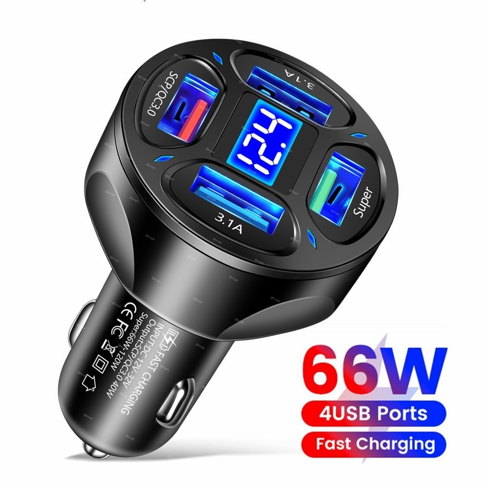 66w 4 พอร์ต USB Car Charger Fast Charging Quick Charge 3.0 USB C รถอะแดปเตอร์ชาร์จโทรศัพท์สําหรับ Xiaomi Samsung