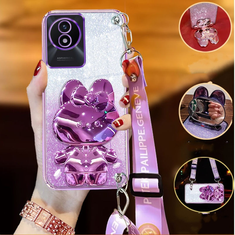 ปลอก Vivo Y02 4G Y02T Y02A Y11 2023 Y03 4G Electroplating Glitter 3D กระต่ายวงเล็บกระจกเครื่องสําอางเคสโทรศัพท์พร้อมCrossbody Lanyard