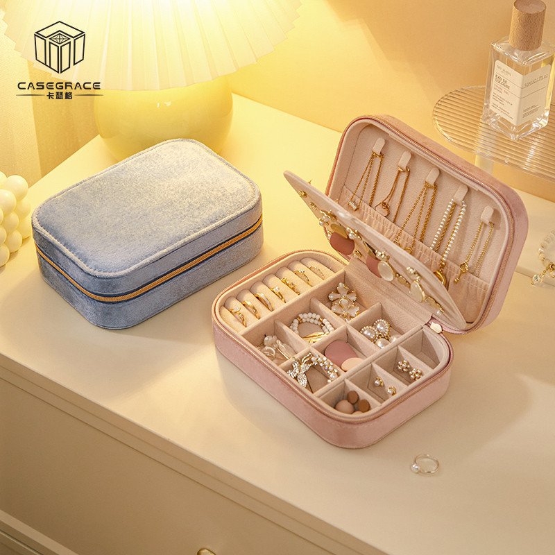 CASEGRACE Velvet Jewelry Box Organizer Gift Ring Earring Display Holder Storage Show Case Jewellery Box With Zip