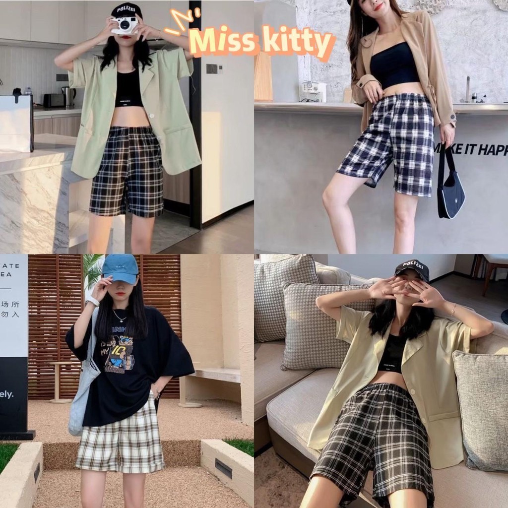 Miss Kitty พร้อมส่ง ท่านหญิง กางเกงขาสั้น/กางเกง3ส่วน เอวสม๊อคลายตาราง ผ้านิ่มบางใส่สบาย *KU-616-N*