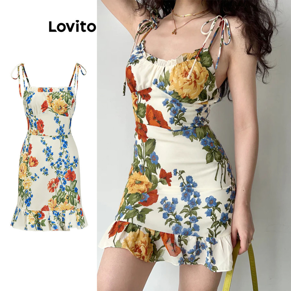 Lovito เดรสผู้หญิง ลายดอกไม้ ชายแต่งระบาย มีโบว์ ผูกเชือก สไตล์ลำลอง L88AD274