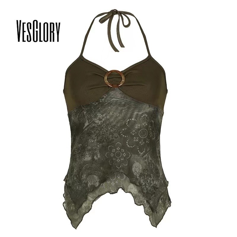 Vesglory ผู ้ หญิง Tank Top 2024 Causal V คอสาเหตุโลหะหัวเข ็ มขัดจีบคอ Halter Slim Fit Casual Camisole
