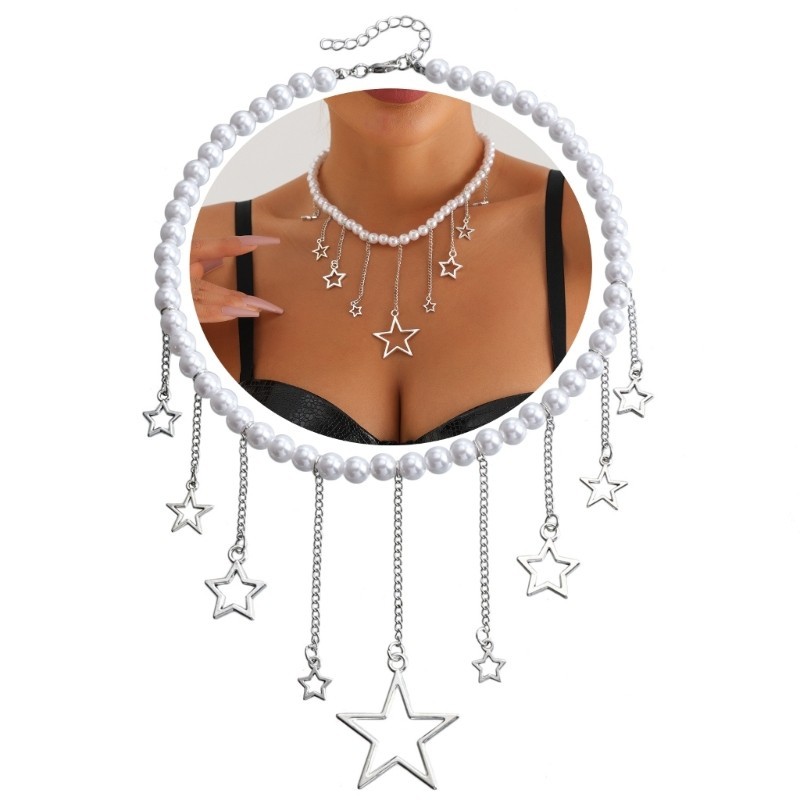 IOR แฟชั่น CHAIN Star จี้สร้อยคอ Choker คอโซ่ Elegant Pearls Clavicle