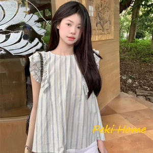 พร้อมส่ง เสื้อแขนกุดแต่งระบาย ลายทาง คอกลม สไตล์มินิมอล