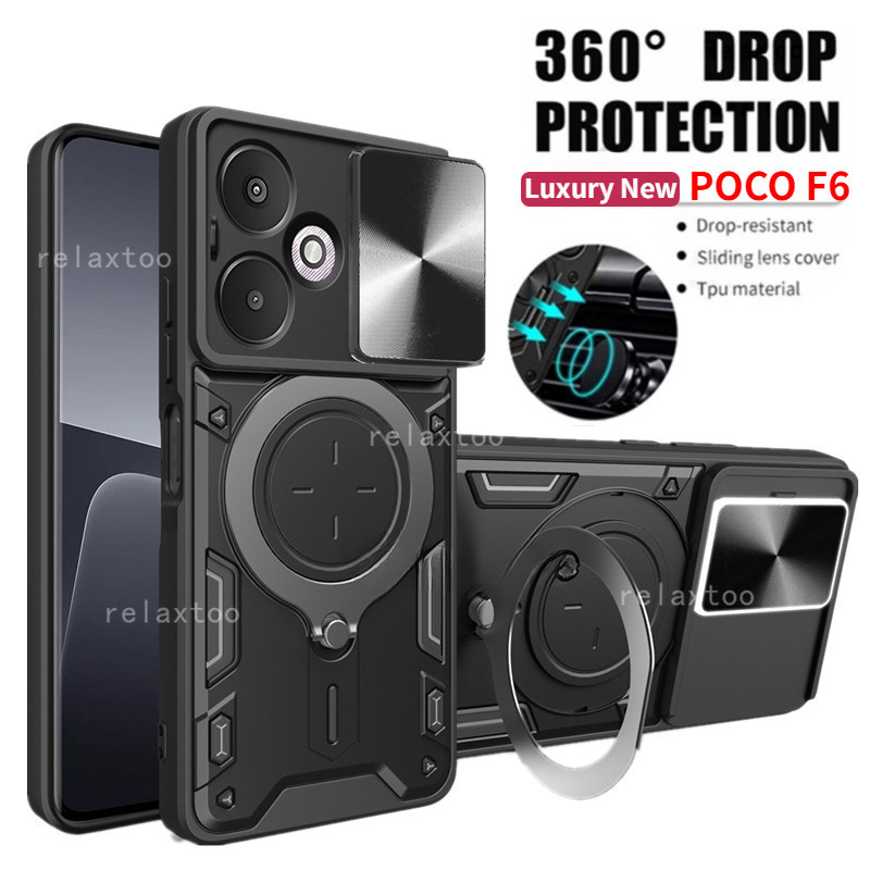 Pocof6 2024 สําหรับXiaomi Poco F6 Pro Pocophone F6pro PocoF6pro 5Gกันกระแทกเคสโทรศัพท์โลหะเกราะแม่เหล็กแหวนวงเล็บStent Pushกล้องเลนส์ป้องกันปกหลังปลอก
