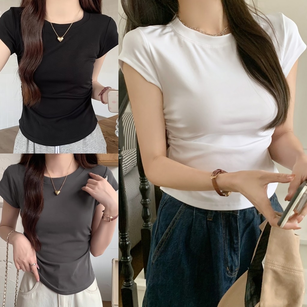 KaeKai พร้อมส่ง เสื้อยืด สำหรับสตรี สไตล์ลำลอง คอกลม แขนสั้น แต่งจับจีบข้าง แฟชั่นสไตล์ผู้หญิง