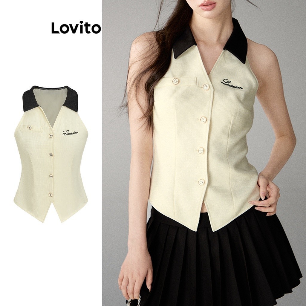Lovito เสื้อแขนกุดผู้หญิง มีกระดุม ลายตัวหนังสือ สไตล์ลำลอง L67AD038 (สีออฟไวท์)