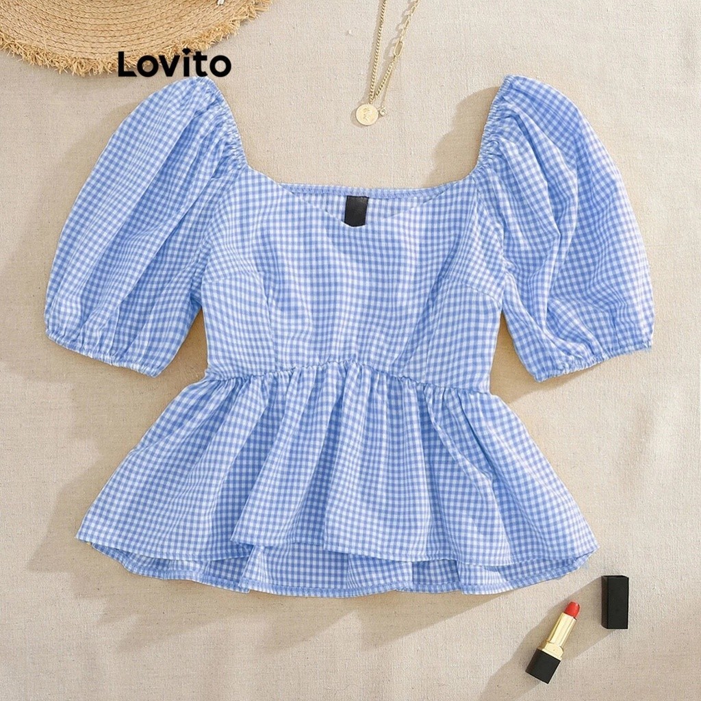 Lovito เสื้อเบลาส์ผู้หญิง ชายระบาย ลายสก๊อต สไตล์ลำลอง L77ED012