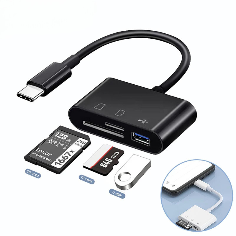 เครื่องอ่านการ์ด USB Type C 3 ใน 1 ถึง SD TF เครื่องอ่านการ์ดหน่วยความจํา USB C การ์ดอะแดปเตอร์สําหรับแล็ปท็อปโทรศัพท์ Samsung แฟลชไดรฟ์ดิสก์