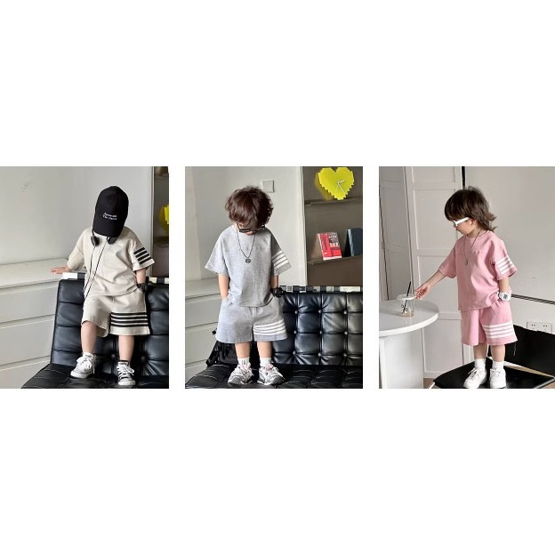 พร้อมสต็อก 90-170 ซม.ฤดูร้อนชายแฟชั่นชุดกีฬาลําลองขนาดกลางขนาดใหญ่เด็กกางเกงขาสั้นแขนสั้นสามบาร์ชุดสองชิ้น