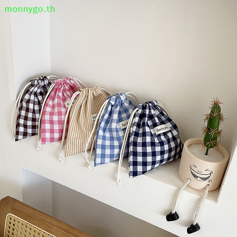 Monnygo al ผ้าฝ้ายลายสก๊อตกระเป๋า Drawstring สําหรับผู้หญิงแบบพกพา Finishing กระเป๋าน่ารักแต่งหน้า Candy Organizer TH
