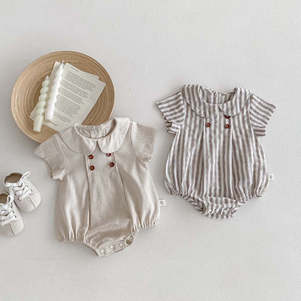 เสื ้ อผ ้ าทารกแรกเกิดชุดบอดี ้ สูทเด ็ กแขนสั ้ นลาย Peter Pan Collar เด ็ กทารกหญิง Romper 0-2 ปี