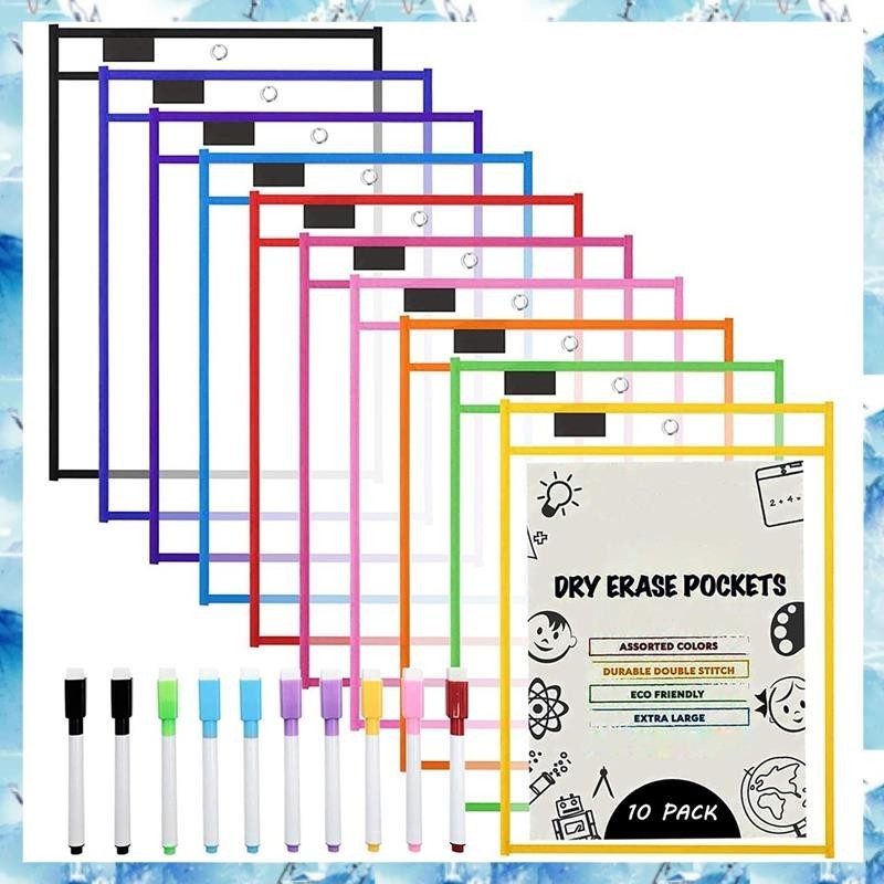 [ ] ปลอกกระเป๋าลบแบบแห้ง, (10 แพ็ค) ที่ใส่ตั๋วงานกระดาษ ก4, แผ่นลบแบบแห้งแบบใช้ซ้ําได้สําหรับแผ่นงานในห้องเรียน