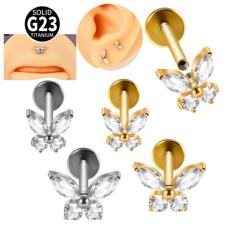 1 ชิ้นผีเสื้อ G23 ไทเทเนียมพร้อมเพทายด้ายภายใน Hypoallergenic Lip Piercing Stud 16Gauge หัวแบน Labret Stud ต่างหูกระดูกอ่อน
