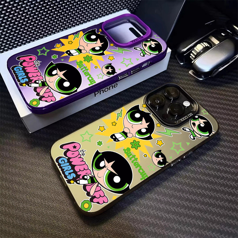 น่ารักสีเขียว Powerpuff สาว IMD เคสโทรศัพท์สําหรับ IPhone 11 13 12 15 14 Pro X XS Max XR 7 8 Plus ปลอกแข็งปุ่มอิสระกันกระแทกฝาครอบป้องกันกล้องป้องกัน
