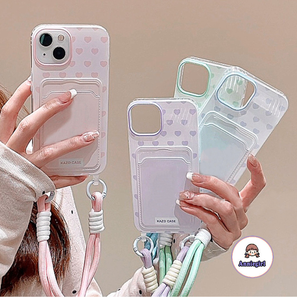 เกาหลีไนลอน Lanyard ผู้ถือบัตรเคสโทรศัพท์สําหรับ IPhone 11 15 14 Pro Max 12 13 Promax 15 Plus XS XR 7 8 Plus รูปแบบรักสกปรกทนโทรศัพท์นุ่มปกหลัง