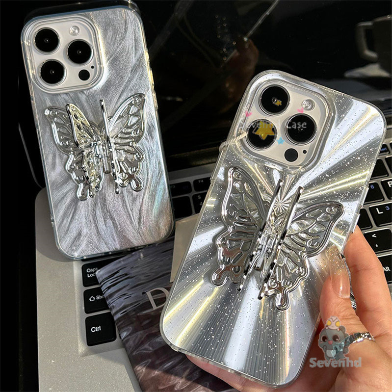 ผีเสื้อเงิน 3D INS เกาหลี Glitter ผงเลเซอร์แฟชั่นเคสโทรศัพท์สําหรับ IPhone 15 14 13 12 11 Pro Max X XR Xs Max 8 7 Plus หรูหรา Electroplated ป้องกันปกหลัง