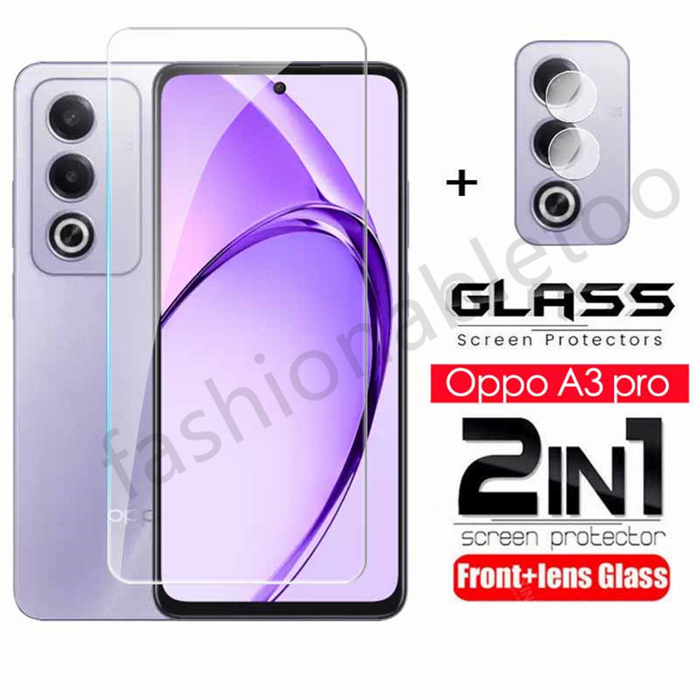 2 in 1 ป้องกันหน้าจอกระจกนิรภัยฟิล์มสําหรับOppo A3 pro A3pro A3 X A3X OppoA3 pro OppoA3pro OppoA3Xกล้องกลับเลนส์ป้องกันกระจกคลุมทั้งหมดฟิล์มด้านหน้า