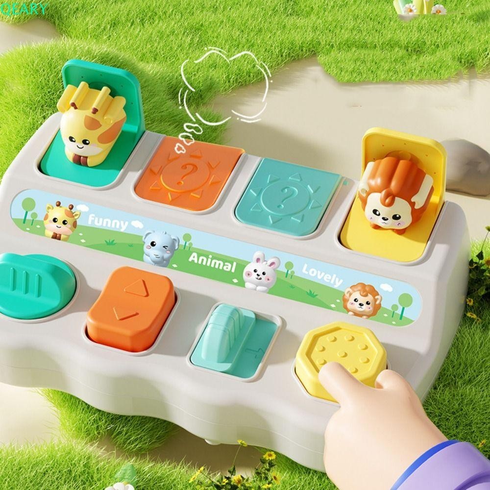 Qeary กล่องของเล่นสัตว์แบบโต้ตอบ, การ์ตูนสัตว์ปุ่มของเล่น Peekaboo กล่องสวิตช์, ยีราฟเรียบที่มีสีสัน Montessori Pop-up สัตว์ของเล่นเด็ก