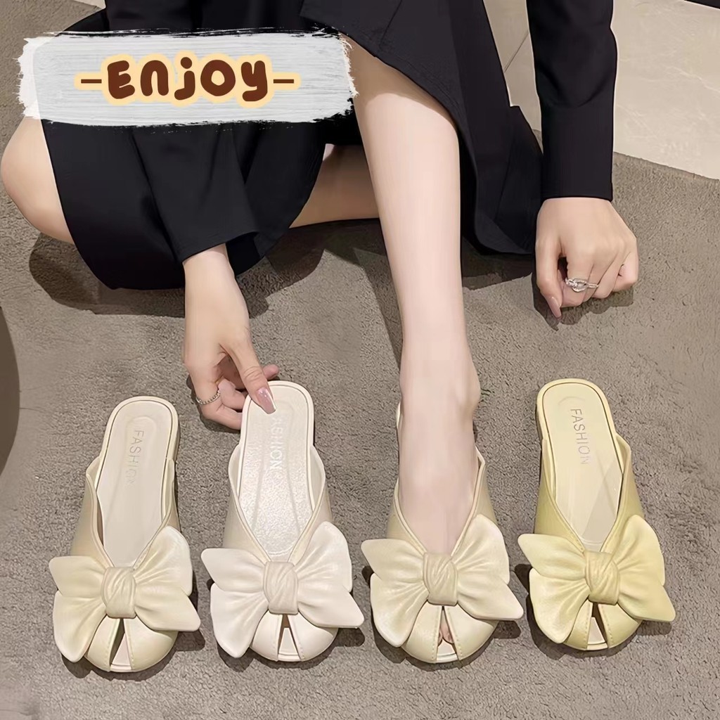 EnJoy พร้อมส่ง (LT-804) รองเท้าแตะสวมผู้หญิง ดีเทลโบว์ สไตล์ใหม่2024 พื่นนิ่มใส่สบาย