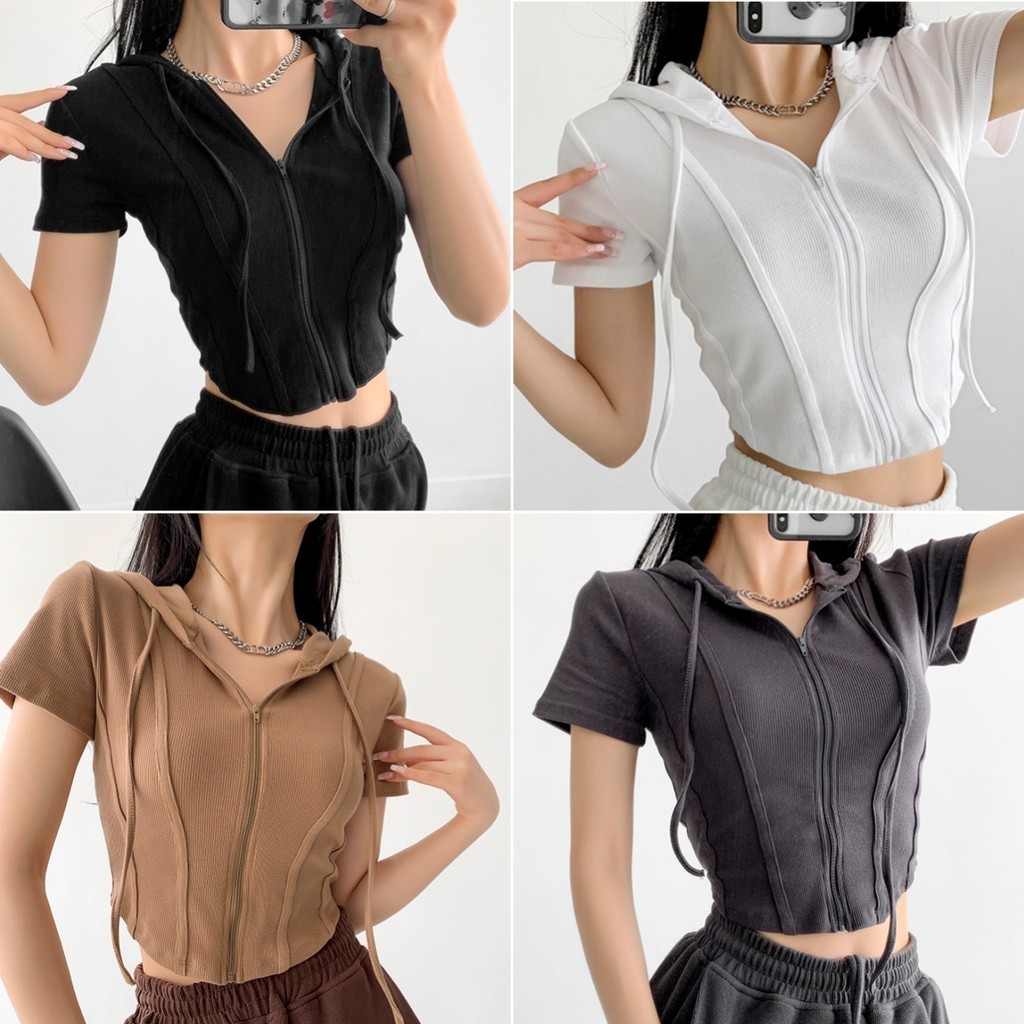 Hotgirl พร้อมส่ง เสื้อคาร์ดิผู้หญิง เสื้อมีซิป ฮู้ดแขนสั้น ผ้ายืดรัดรูปสวยๆ สีพื้น แฟชั่น สาวร้อนสไตล์อเมริกัน