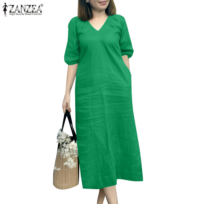 Zanzea ผู้หญิงเกาหลีลําลองคอวีสีทึบครึ่งแขนกระเป๋า Hem แยกชุดเดรสสายเดี่ยว