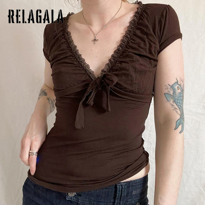 RELAGALA Women 2025 เสื้อยืดแขนสั้นคอวีลูกไม้วินเทจ — صورة 5