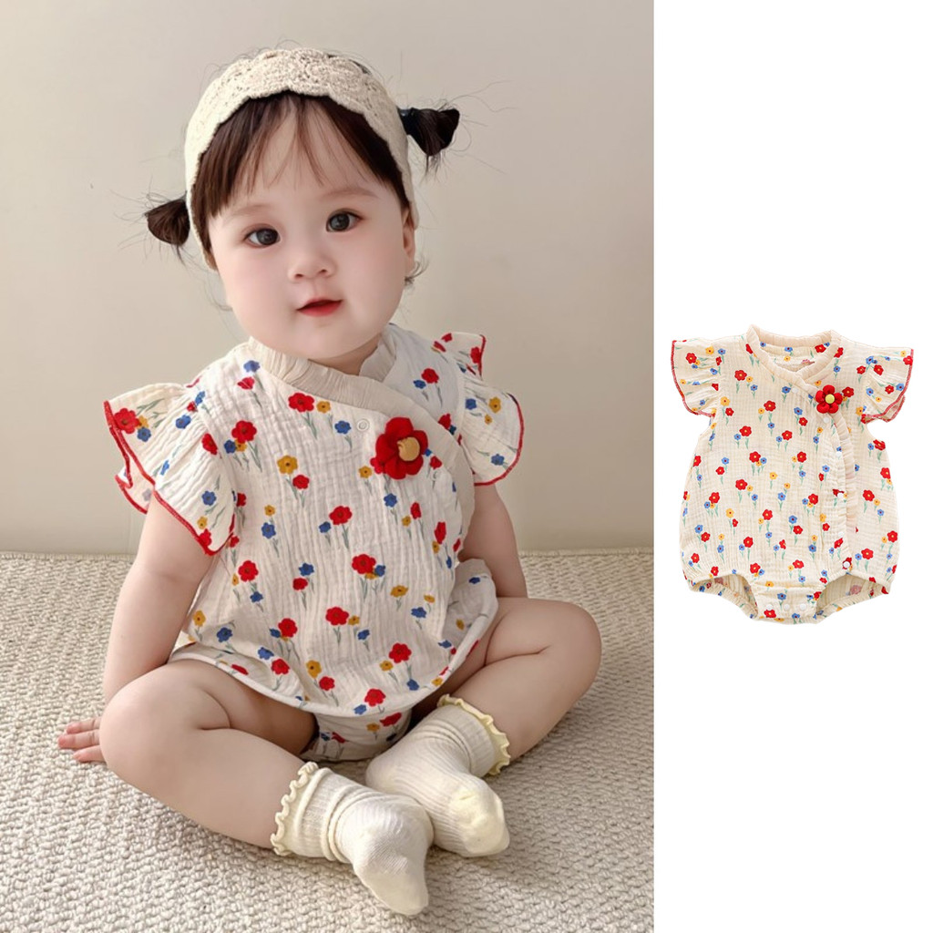ฤดูร้อนใหม่เสื้อผ้าเด็กสาวบางบอดี้สูทแขนสั้น 0-24 เดือนระบายอากาศและสะดวกสบายดอกไม้หวานสไตล์เจ้าหญิง ชุดรอมเปอร์ สไตล์เกาหลี