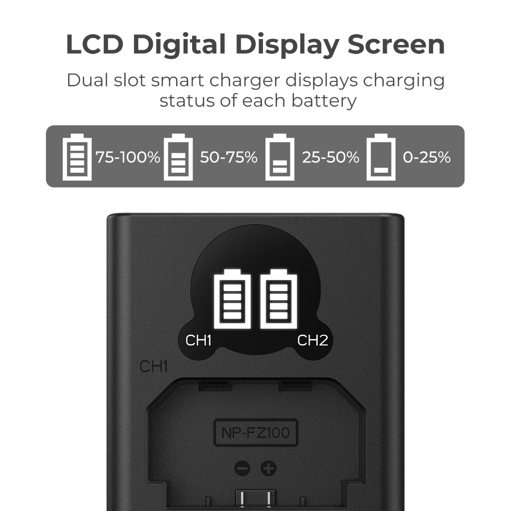 K&F CONCEPT NP-FZ100 ชาร์จแบต Sony🔋 พร้อมจอ LCD 2 ช่อง USB+Type-C ชาร์จเร็ว แบบพกพา 👍