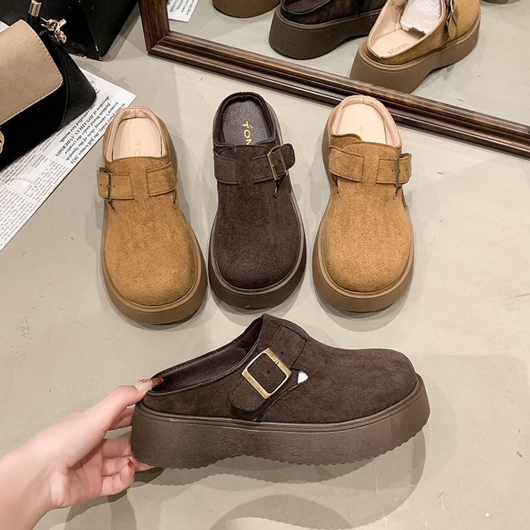 รองเท้าส้นแบนผู้หญิง หัวกลม พื้นหนา หนังกลับ แฟชั่น ขนาด 35-40