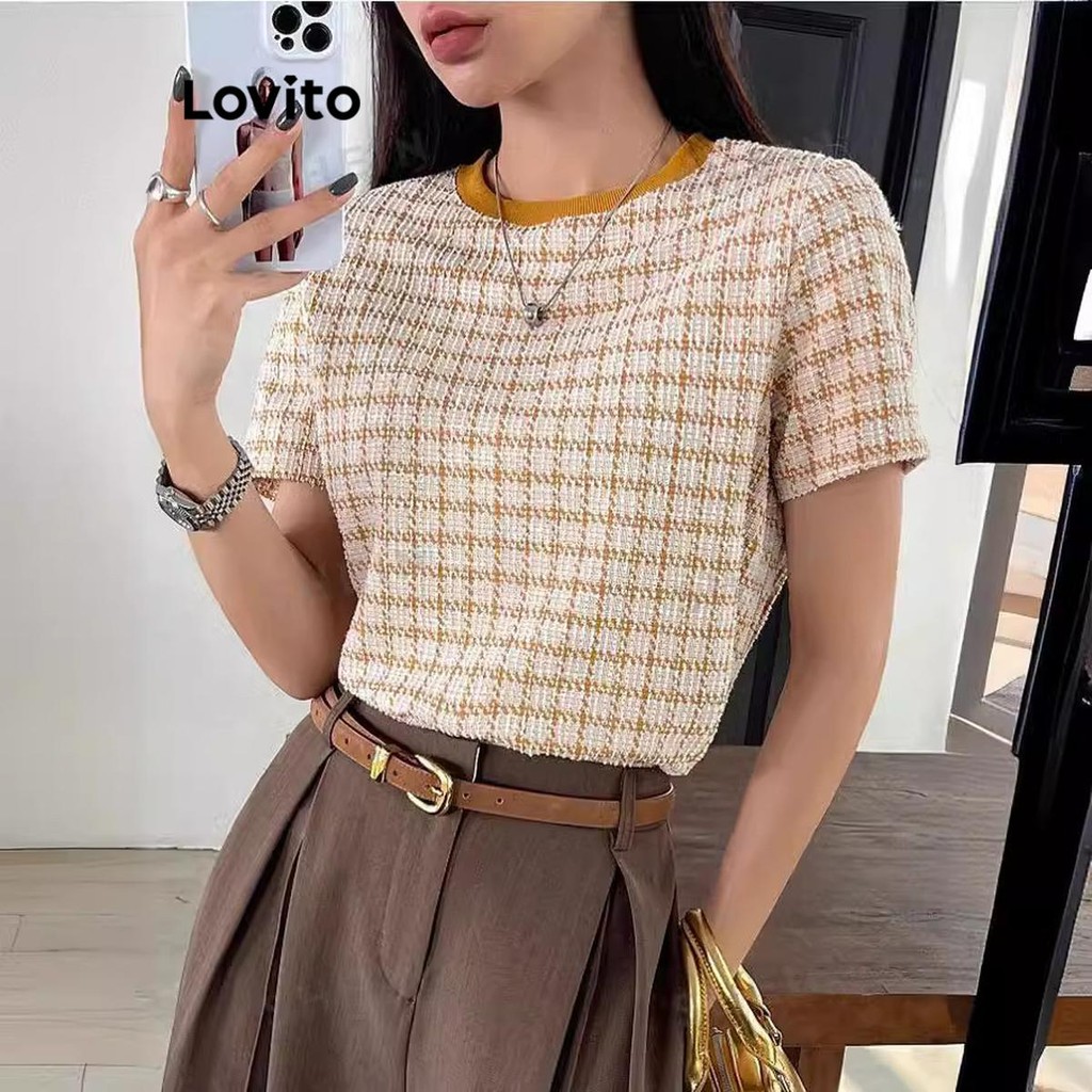 Lovito เสื้อเบลาส์ลาย ลายกิงแฮมลำลองสำหรับผู้หญิง LMD81300