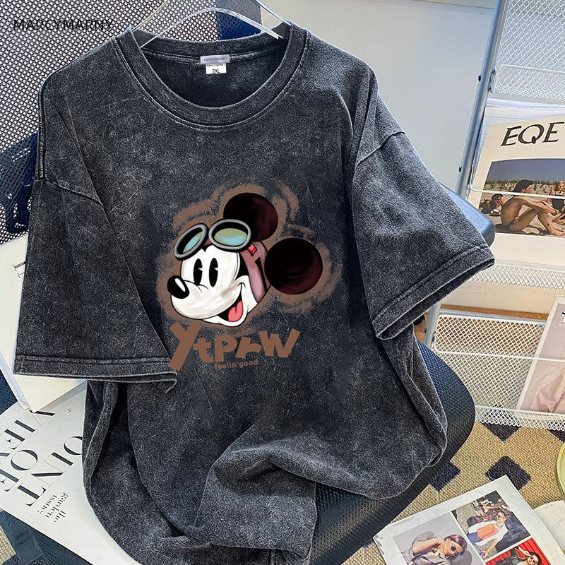 เสื้อวินเทจ เสื้อ baby tee Top.street t shirt mickey mouse ลายการ์ตูนน่ารักหลวม เสื้อยืด oversize คอกลม ทรงหลวม ใส่สบาย วินเทจ unisex เสื้อ 2XLดำ