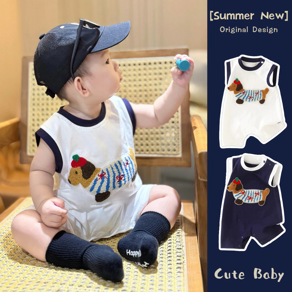 ฤดูร้อนใหม่เสื้อผ้าเด็กชายและหญิงบางแขนกุดถุงน่อง0-24เดือนเด็กผ้าฝ้ายสบายการ์ตูนลูกสุนัขเด็ก ชุดรอมเปอร์ สไตล์เกาหลี