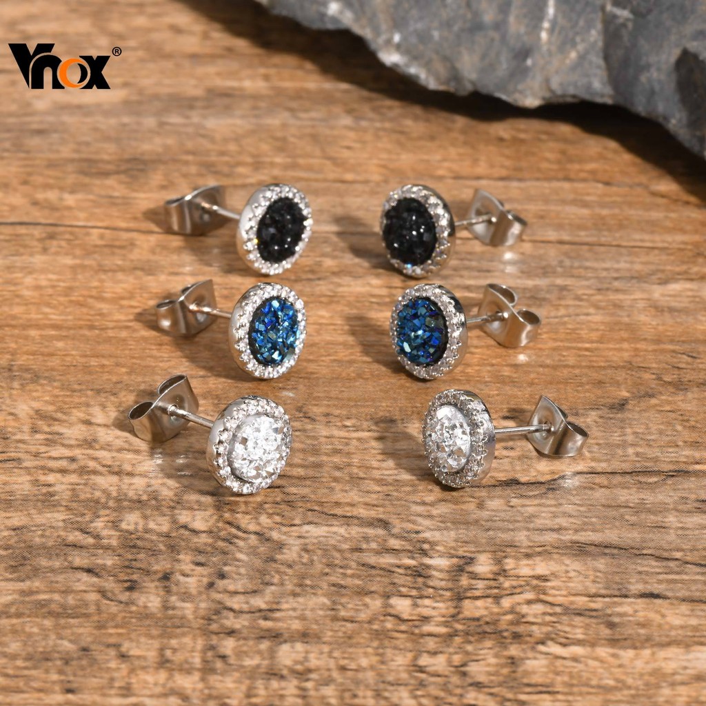 Vnox สแตนเลสสตีล Zirconia ต่างหูสตั๊ดทรงกลมสําหรับผู้ชาย,สี Sliver Vintage Luxury อุปกรณ์เสริมเครื่องประดับ