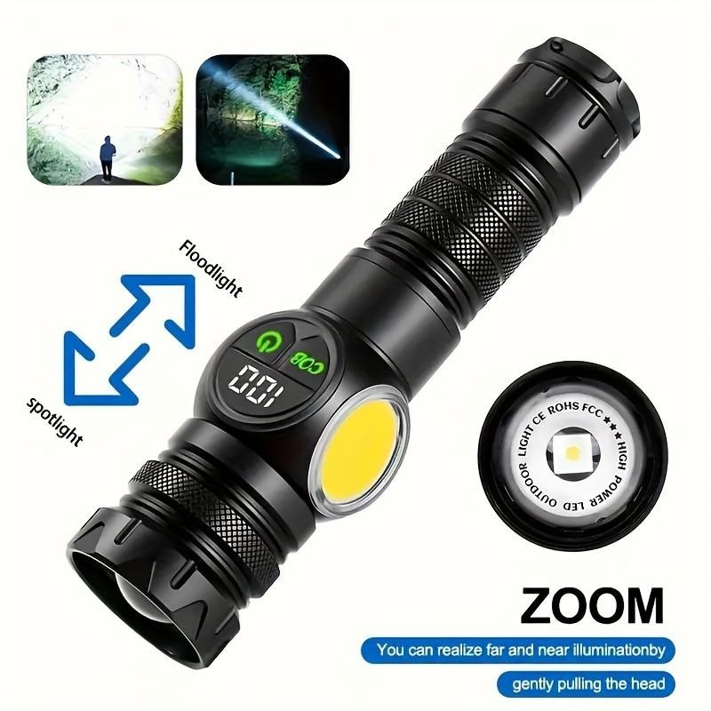 Super Bright Zoomable ไฟฉาย USB ชาร์จไฟฉาย LED 9 โหมดดิจิตอลจอแสดงผลไฟฉาย COB ด้านข้างสําหรับเดินป่า Camping สุนัขเดิน Mountain Climbing