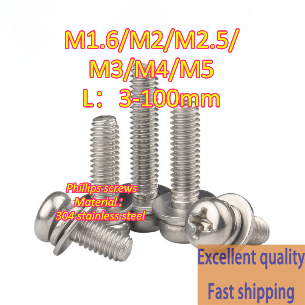 304 สแตนเลสสตีลหัวกลมสามสกรู M1.6/M2/M2.5/M3/M4/M5 * L3-100 มม. (Y20) (x20)