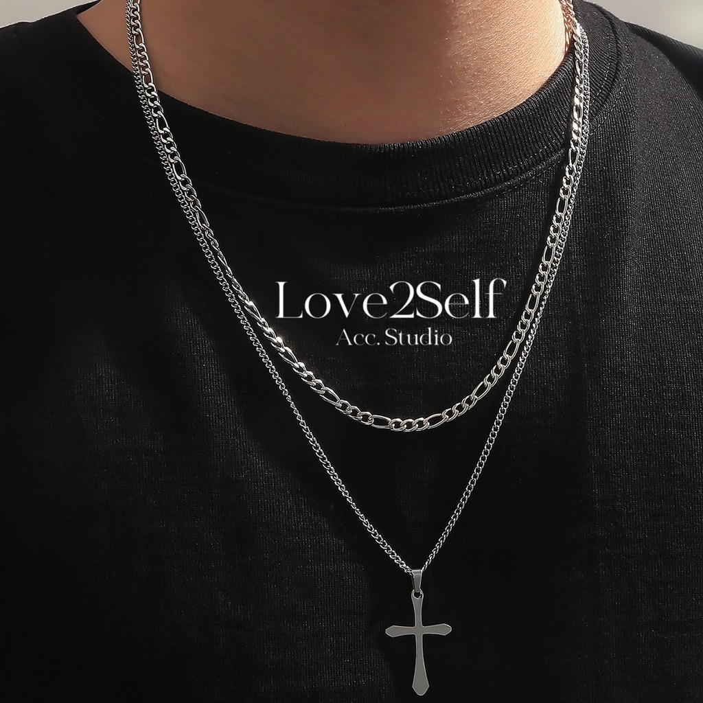 Love2Self X181 อเมริกันสแตนเลส Double Layered Cuban Cross สร้อยคอชุดสําหรับชาย Non Tarnish