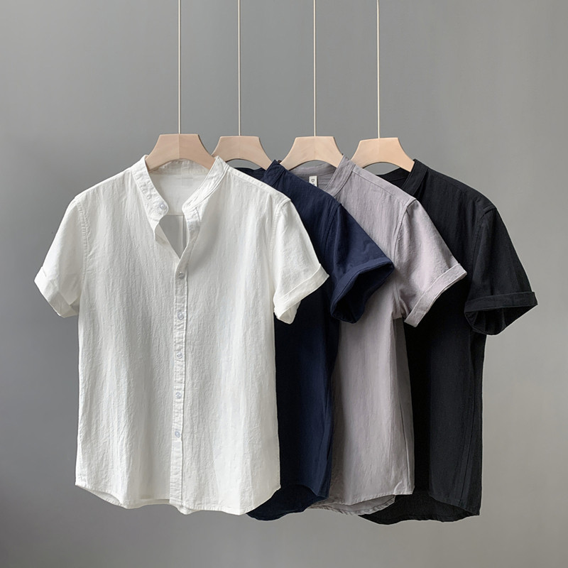เสื้อเชิ้ตผู้ชายผ้าฝ้ายและผ้าลินินสไตล์จีนใหม่เสื้อเชิ้ตแขนสั้น