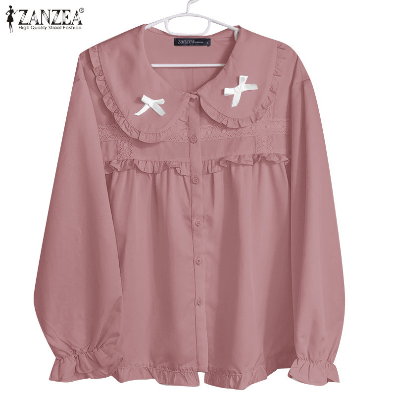 Zanzea ผู้หญิงเกาหลี Sweet Doll Collar Contrast Bowknot Ruffle Sleeves Shirts