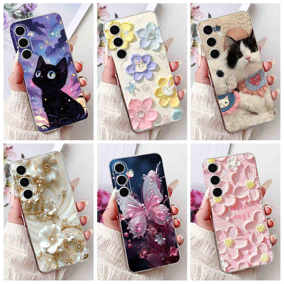 SAMSUNG สําหรับsamsung Galaxy S24 FE S 24 5Gแมวน่ารักผีเสื้อดอกไม้รูปแบบปลอกSamsungS24 S24FEซิลิโคนอ่อนนุ่มTPUเคสโทรศัพท์