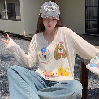 Suysuy พร้อมส่ง เสื้อยืด แขนยาว ทรงคอกว้าง งานผ้าฝ้าย บางๆ แต่งสกรีนลายการ์ตูน น่ารักมาก ใส่ได้หลายแบบ สำหรับผู้หญิง
