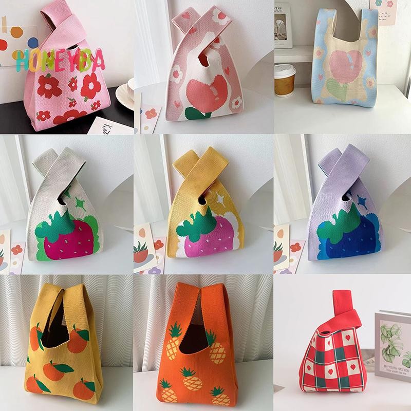 <Honeyba> แบบพกพามินิลายtote Handmadeถักกระเป๋าผู้หญิงKnotนาฬิกาข้อมือถังกระเป๋าโทรศัพท์ขนาดใหญ่ความจุฤดูใบไม้ร่วงฤดูหนาวกระเป๋าถือNice