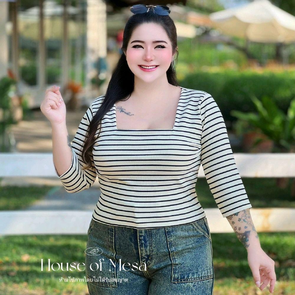 Plussize เสื้อครอปคอเหลี่ยมลายริ้ว เสื้อสาวอวบ อก 38-52นิ้ว