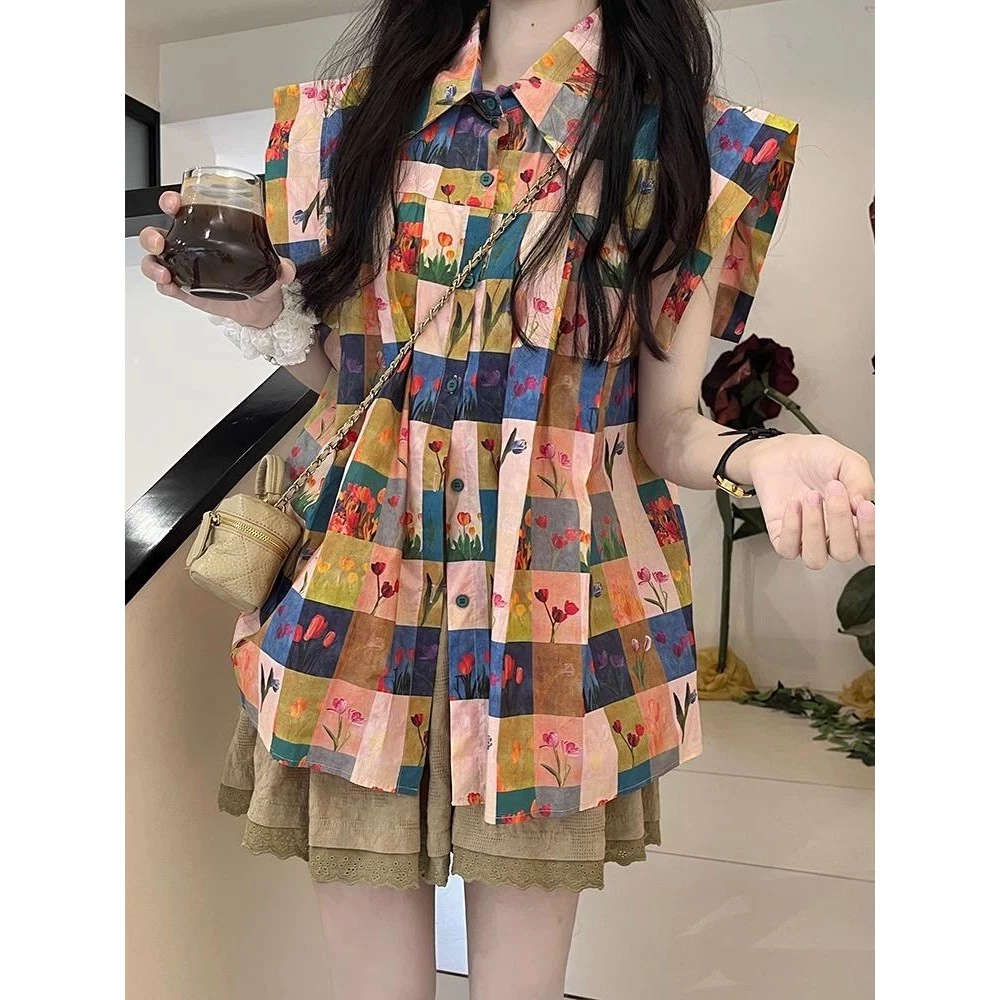 Chili Koko เสื้อเชิ้ตทรงหลวมแขนสั้นลายดอกไม้สไตล์ฝรั่งเศส w579 thumbnail 4