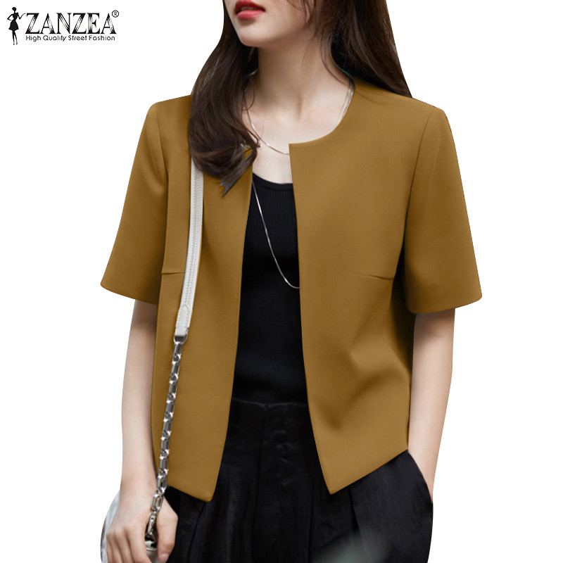 Zanzea คาร์ดิแกนสูทครอปคอกลมแขนสั้นสําหรับผู้หญิงเกาหลี