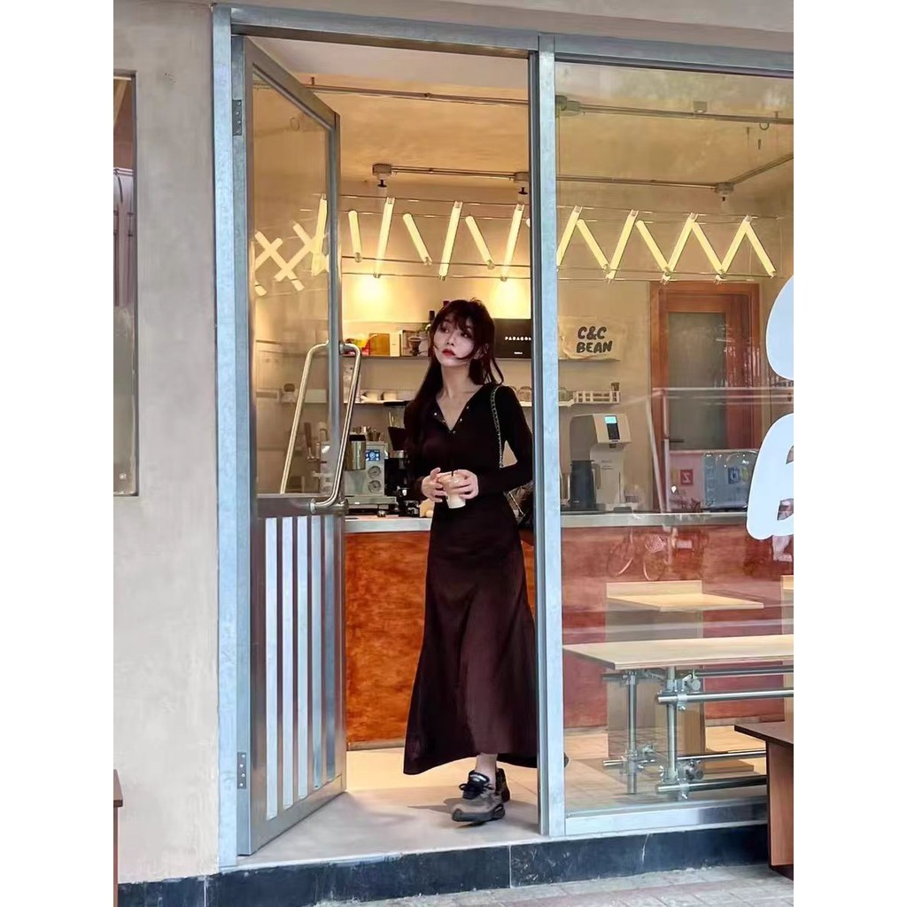 เดรสแขนยาว งานพรอม รัดรูป เกาหลี ชุดเดรสยาว ทํางาน เดรสสาวอวบ prom brown dress ออกงาน